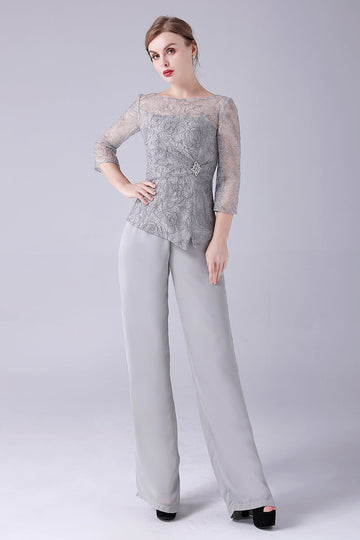 Plata 2 Piezas Delgados Elegantes Madre de la Novia Trajes de Pantalón